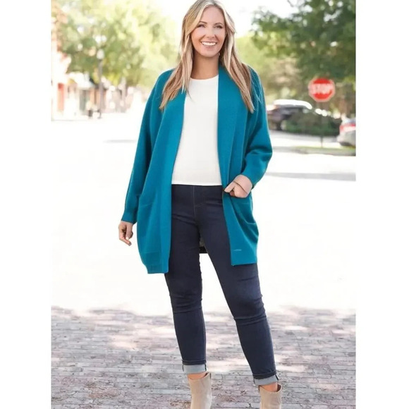 Vintage That's Me! Women's Small Silk Teal Open Front Long Knit Cardigan Sweater - Picture 1 of 7
